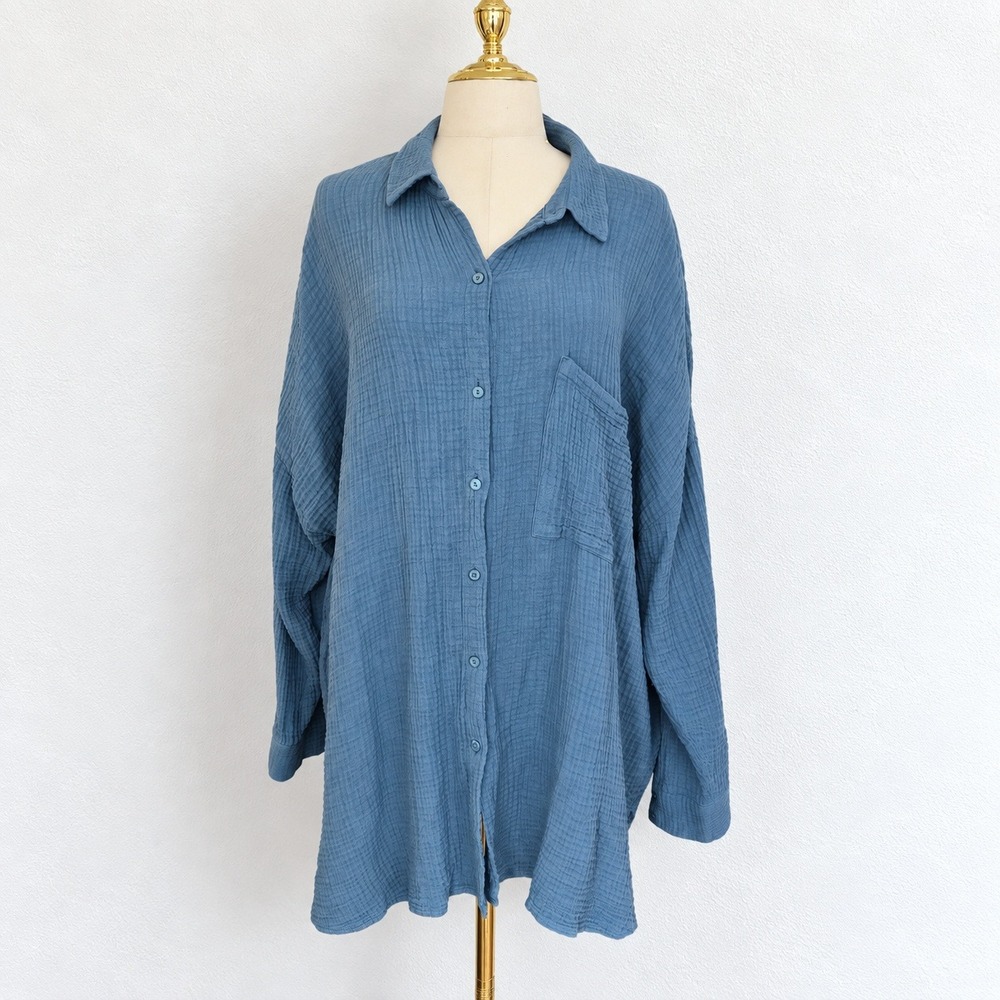 Eileen Fisher Button Up Shirt Women 3X Blue Organic Cotton Crinkle Gauze Pocket